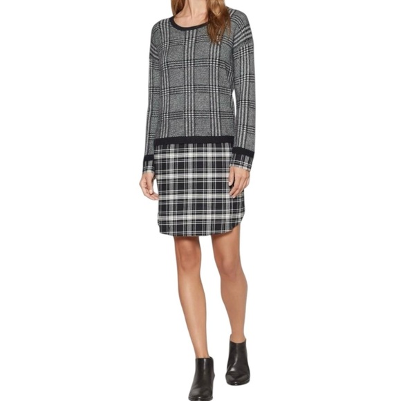 Soft Joie Black and White Long Sleeve Mixed Media Sweater Dress, Small - Picture 2 of 13